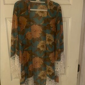 Show Me Your MuMu Teal Floral Lace-Trim Robe swim coverup or robe sz S M